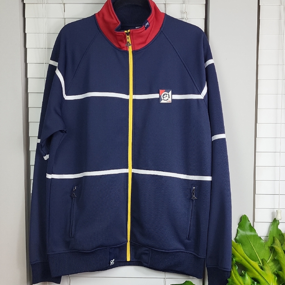 💛‎ LRG Navy Jacket with Yellow Zipper and Red Accent. Size L
